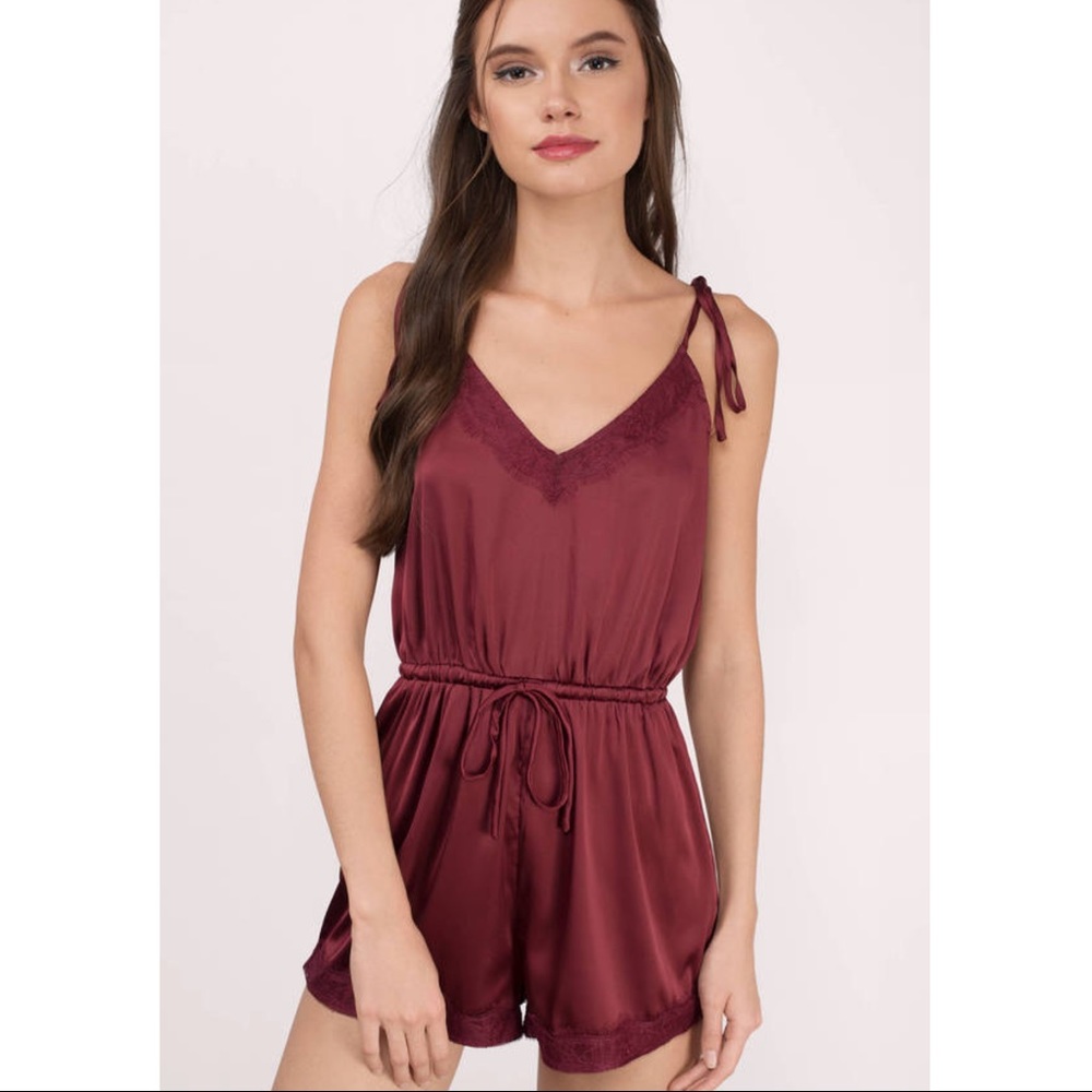 Zola wine satin lace trim shoulder tie romper